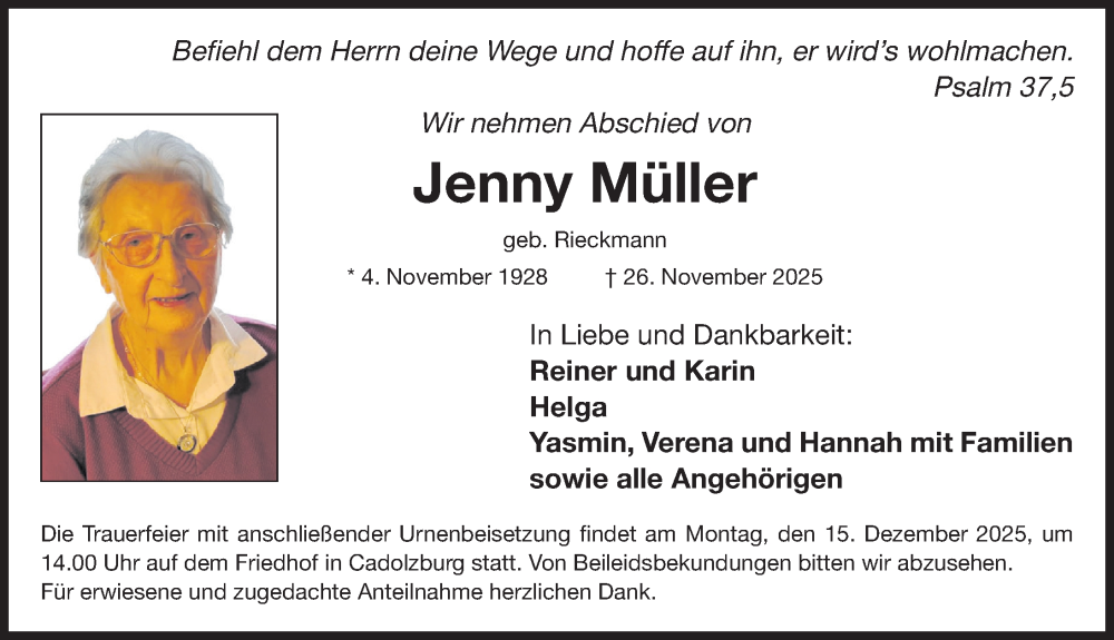  Traueranzeige für Jenny Müller vom 06.12.2025 aus Fürther Nachrichten Lokal