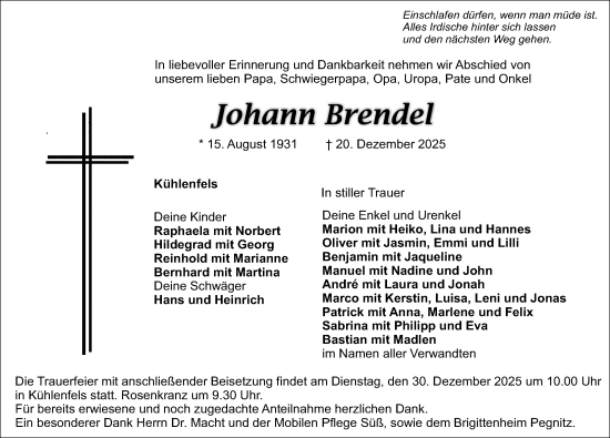 Traueranzeige von Johann Brendel von Nordbayerische Nachrichten Pegnitz Lokal