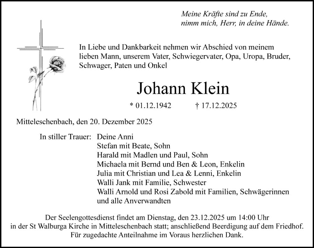  Traueranzeige für Johann Klein vom 20.12.2025 aus Altmühl-Bote Lokal