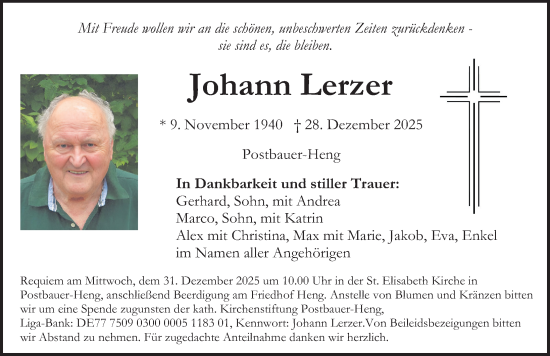 Traueranzeige von Johann Lerzer von Neumarkter Nachrichten Lokal