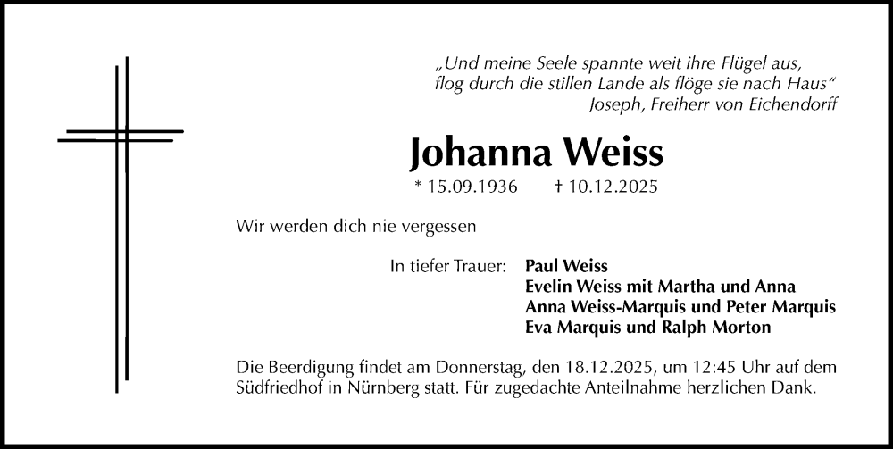 Traueranzeige für Johanna Weiss vom 17.12.2025 aus Gesamtausgabe Nürnberger Nachrichten/ Nürnberger Ztg.