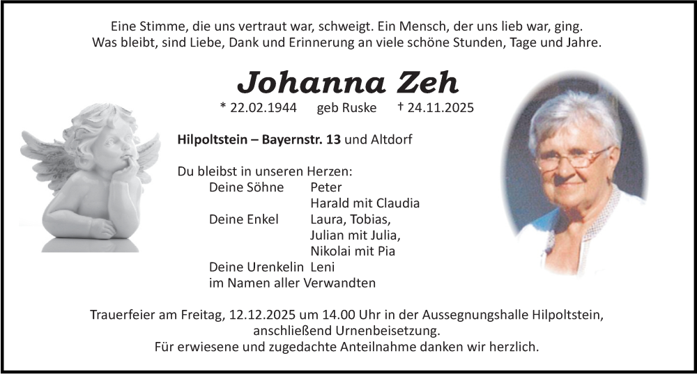 Traueranzeige für Johanna Zeh vom 09.12.2025 aus Roth-Hilpoltsteiner Volkszeitung Lokal