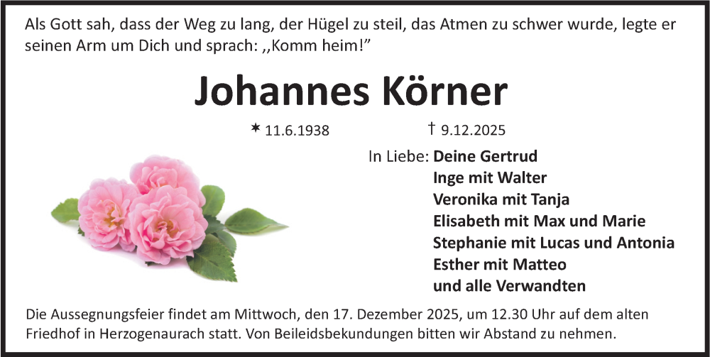  Traueranzeige für Johannes Körner vom 13.12.2025 aus Nordbayerische Nachrichten Herzogenaurach Lokal