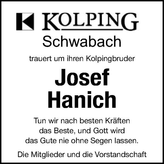 Traueranzeige von Josef Hanich von Schwabacher Tagblatt Lokal
