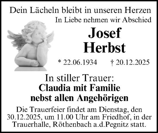 Traueranzeige von Josef Herbst von Gesamtausgabe Nürnberger Nachrichten/ Nürnberger Ztg./ Nordbayer. Nachrichten Pegnitz