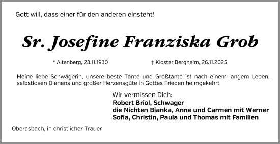 Traueranzeige von Josefine Franziska Grob von Fürther Nachrichten Lokal