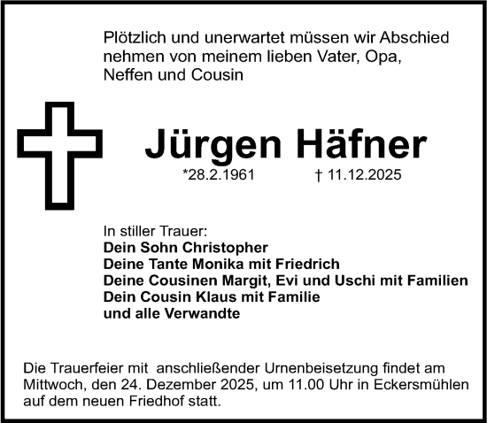 Traueranzeige von Jürgen Häfner von Roth-Hilpoltsteiner Volkszeitung Lokal