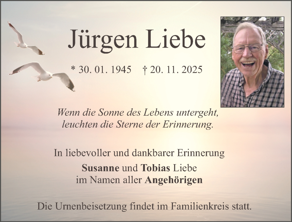  Traueranzeige für Jürgen Liebe vom 09.12.2025 aus Neumarkter Nachrichten Lokal