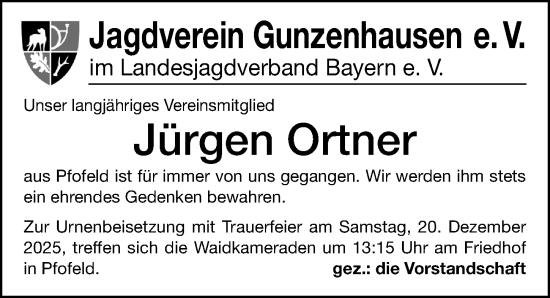 Traueranzeige von Jürgen Ortner von Altmühl-Bote Lokal