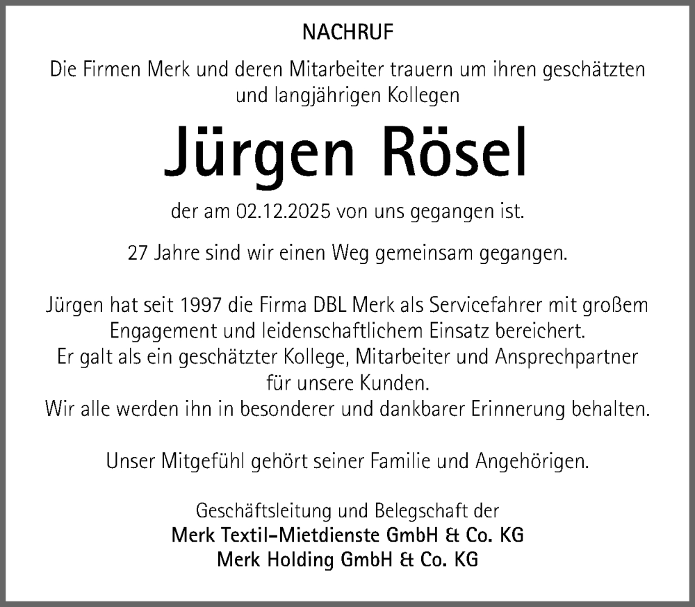  Traueranzeige für Jürgen Rösel vom 13.12.2025 aus Fürther Nachrichten Lokal