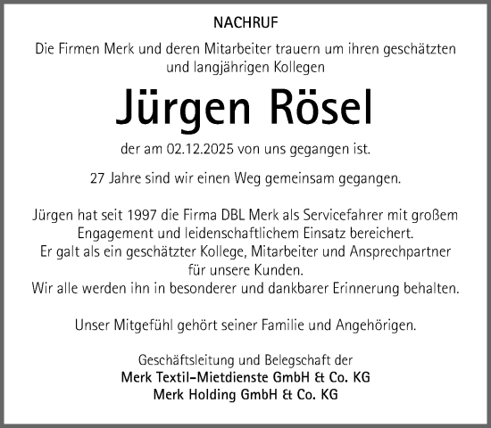 Traueranzeige von Jürgen Rösel von Fürther Nachrichten Lokal