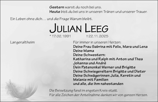 Traueranzeige von Julian Leeg von Weißenburger Tagblatt u.Treuchtlinger Kurier Lokal