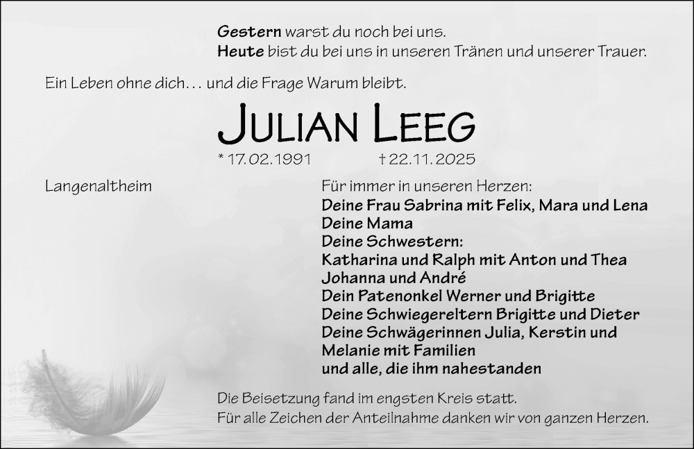  Traueranzeige für Julian Leeg vom 13.12.2025 aus Weißenburger Tagblatt u.Treuchtlinger Kurier Lokal