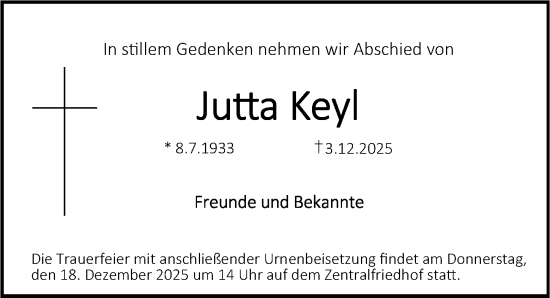 Traueranzeige von Jutta Keyl von Erlanger Nachrichten Lokal