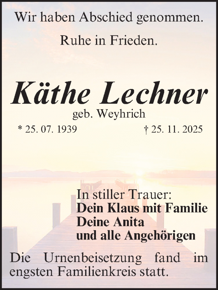  Traueranzeige für Käthe Lechner vom 20.12.2025 aus Gesamtausgabe Nürnberger Nachrichten/ Nürnberger Ztg.