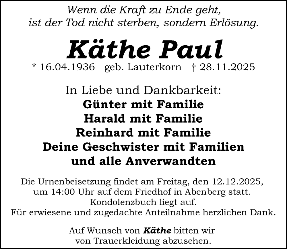  Traueranzeige für Käthe Paul vom 06.12.2025 aus Schwabacher Tagblatt Lokal