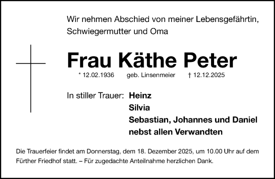 Traueranzeige von Käthe Peter von Fürther Nachrichten Lokal