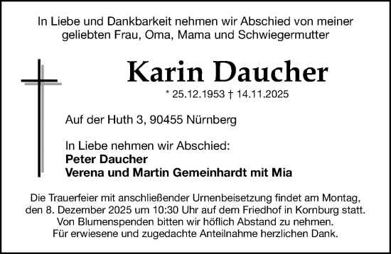 Traueranzeige von Karin Daucher von Gesamtausgabe Nürnberger Nachrichten/ Nürnberger Ztg.