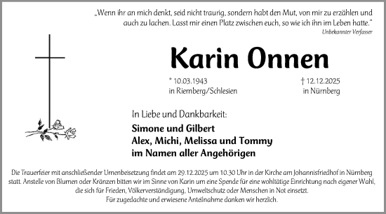 Traueranzeige von Karin Onnen von Gesamtausgabe Nürnberger Nachrichten/ Nürnberger Ztg.