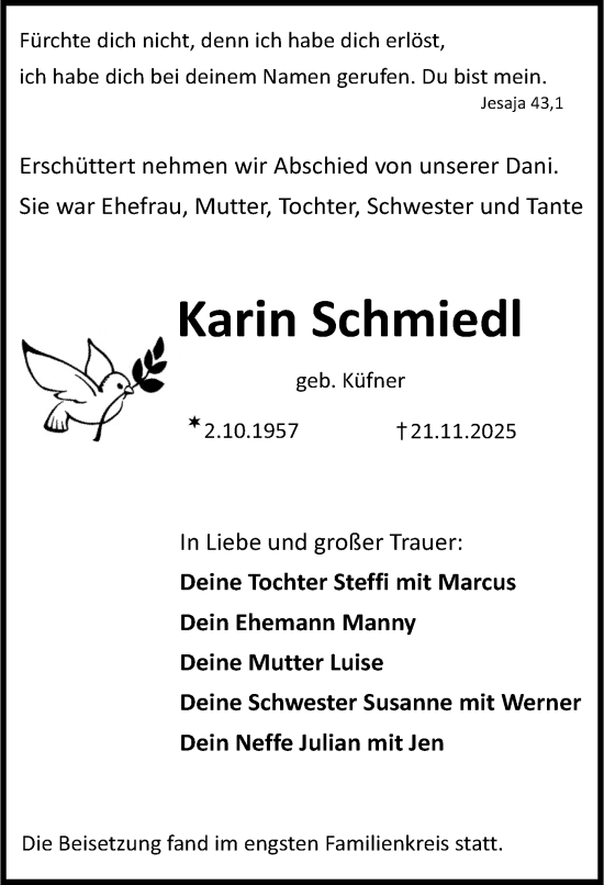 Traueranzeige von Karin Schmiedl von Nordbayerische Nachrichten Herzogenaurach Lokal