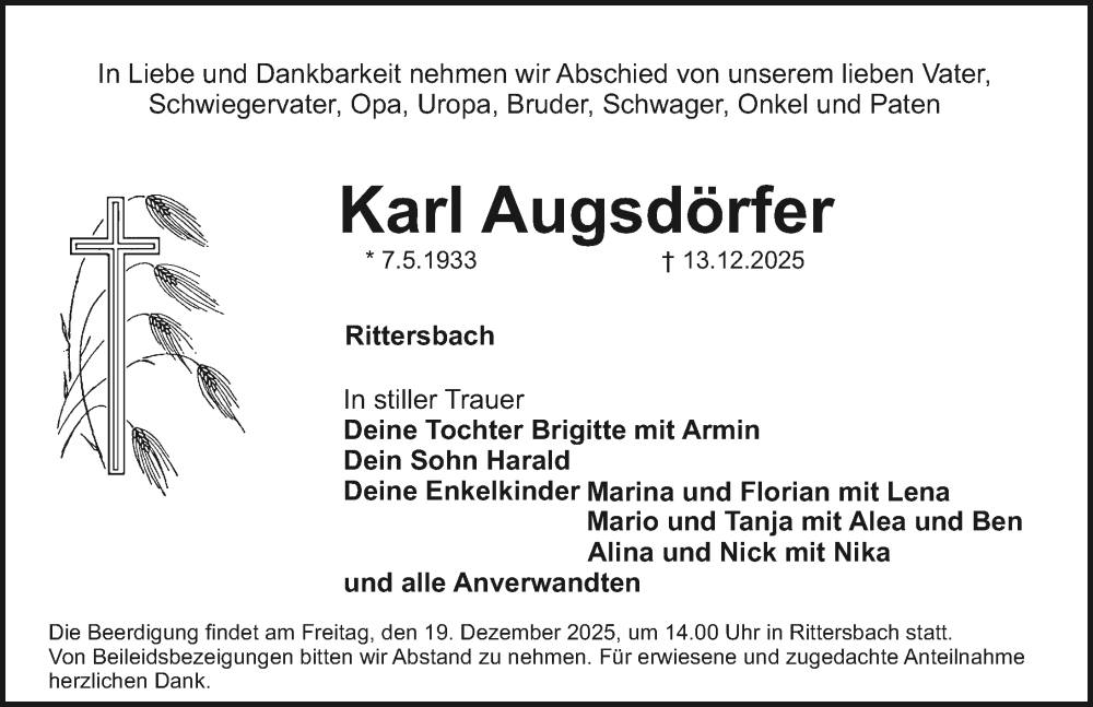  Traueranzeige für Karl Augsdörfer vom 17.12.2025 aus Roth-Hilpoltsteiner Volkszeitung Lokal