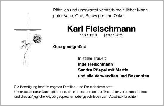 Traueranzeige von Karl Fleischmann von Roth-Hilpoltsteiner Volkszeitung Lokal