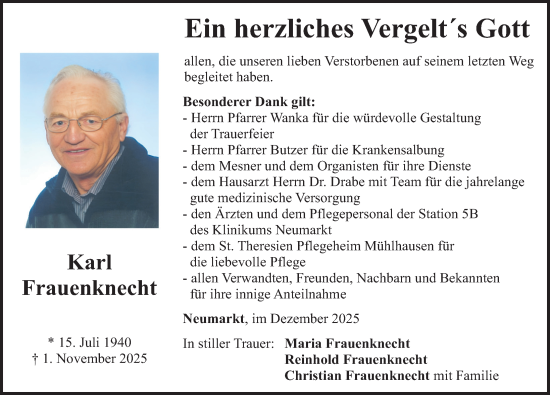 Traueranzeige von Karl Frauenknecht von Neumarkter Nachrichten Lokal
