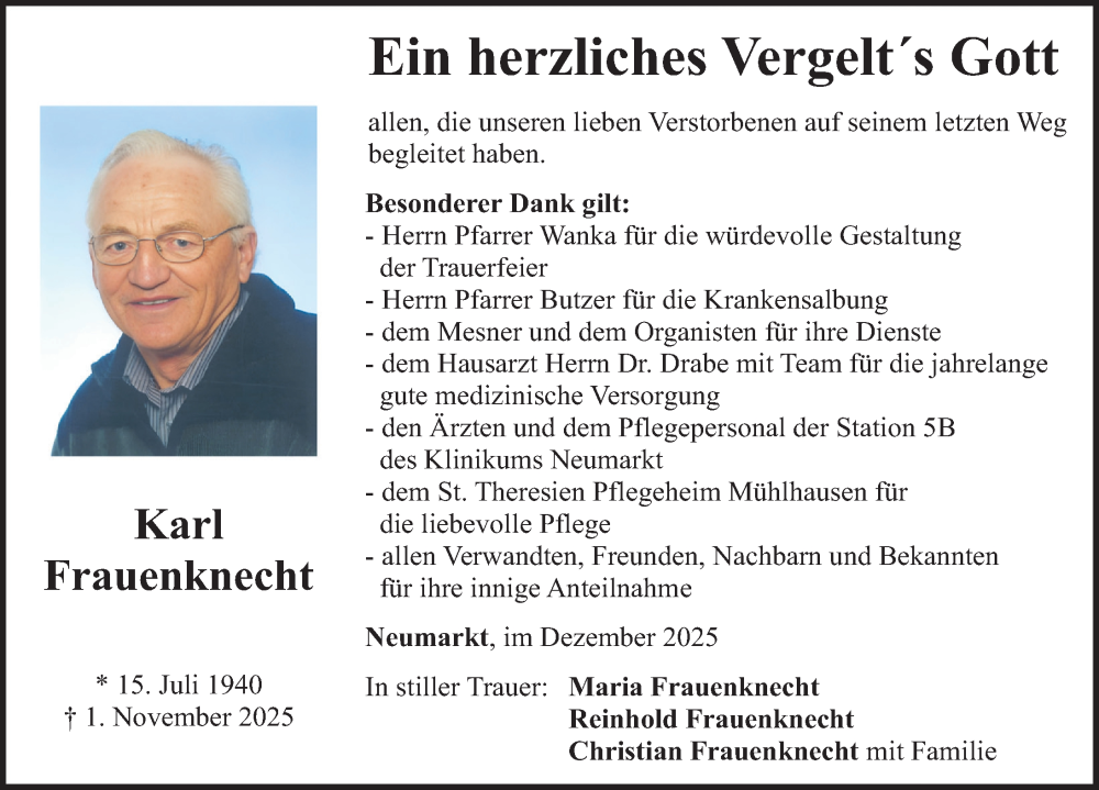  Traueranzeige für Karl Frauenknecht vom 06.12.2025 aus Neumarkter Nachrichten Lokal