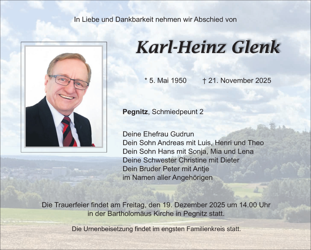 Traueranzeige für Karl-Heinz Glenk vom 06.12.2025 aus Nordbayerische Nachrichten Pegnitz Lokal