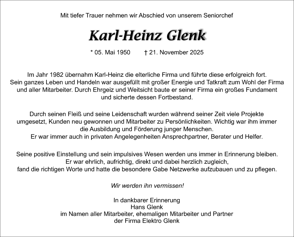  Traueranzeige für Karl-Heinz Glenk vom 06.12.2025 aus Nordbayerische Nachrichten Pegnitz Lokal