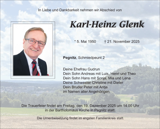 Traueranzeige von Karl-Heinz Glenk von Nordbayerische Nachrichten Pegnitz Lokal