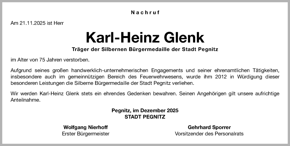  Traueranzeige für Karl-Heinz Glenk vom 06.12.2025 aus Nordbayerische Nachrichten Pegnitz Lokal