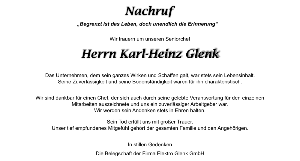  Traueranzeige für Karl-Heinz Glenk vom 06.12.2025 aus Nordbayerische Nachrichten Pegnitz Lokal