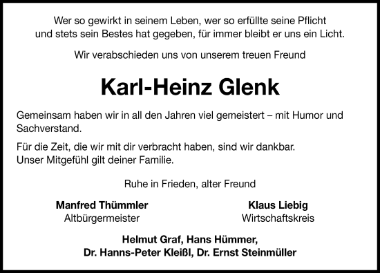 Traueranzeige von Karl-Heinz Glenk von Nordbayerische Nachrichten Pegnitz Lokal