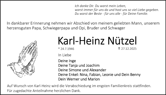Traueranzeige von Karl-Heinz Nützel von Erlanger Nachrichten Lokal