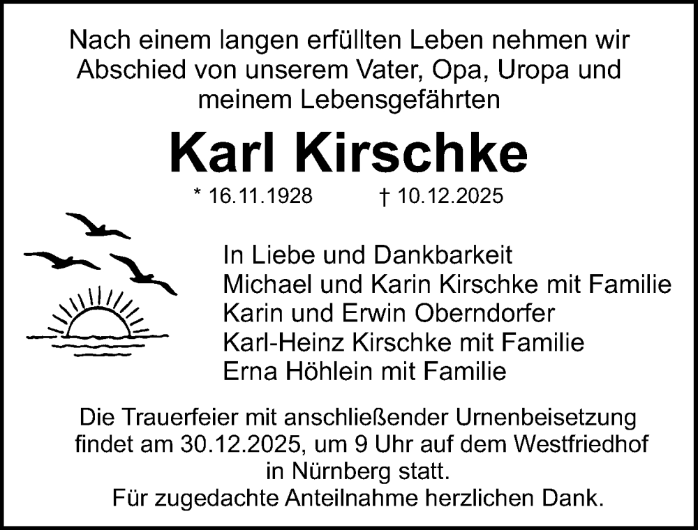  Traueranzeige für Karl Kirschke vom 20.12.2025 aus Gesamtausgabe Nürnberger Nachrichten/ Nürnberger Ztg.