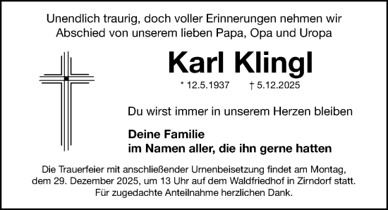 Traueranzeige von Karl Klingl von Fürther Nachrichten Lokal