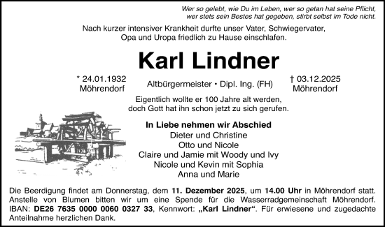 Traueranzeige von Karl Lindner von Erlanger Nachrichten Lokal