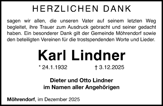 Traueranzeige von Karl Lindner von Erlanger Nachrichten Lokal