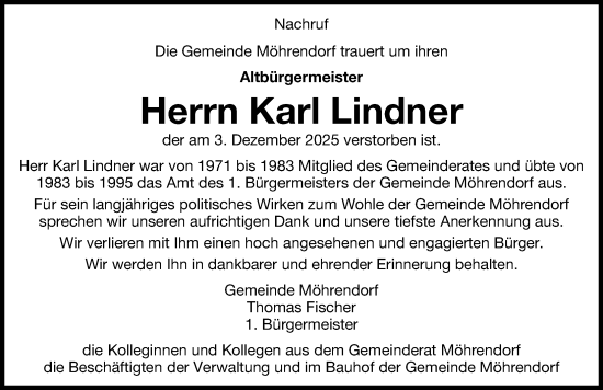 Traueranzeige von Karl Lindner von Erlanger Nachrichten Lokal