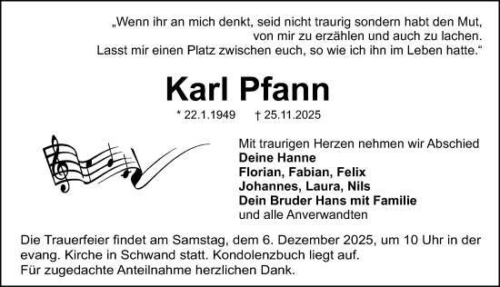 Traueranzeige von Karl Pfann von Schwabacher Tagblatt Lokal