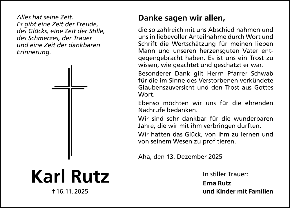  Traueranzeige für Karl Rutz vom 13.12.2025 aus Altmühl-Bote Lokal