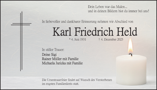 Traueranzeige von Karl Friedrich Held von Gesamtausgabe Nürnberger Nachrichten/ Nürnberger Ztg.