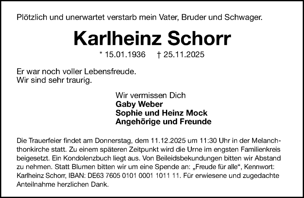  Traueranzeige für Karlheinz Schorr vom 06.12.2025 aus Gesamtausgabe Nürnberger Nachrichten/ Nürnberger Ztg.