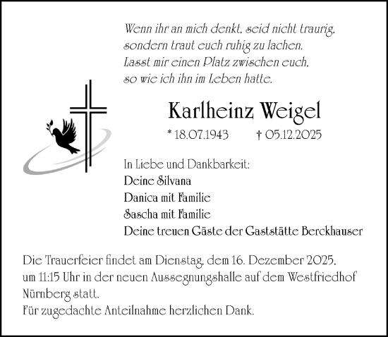 Traueranzeige von Karlheinz Weigel von Gesamtausgabe Nürnberger Nachrichten/ Nürnberger Ztg.
