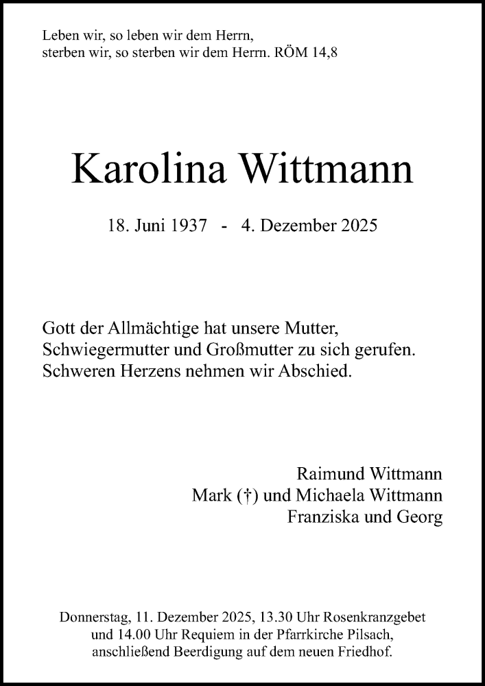  Traueranzeige für Karolina Wittmann vom 09.12.2025 aus Neumarkter Nachrichten Lokal