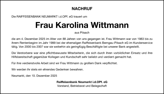 Traueranzeige von Karolina Wittmann von Neumarkter Nachrichten Lokal