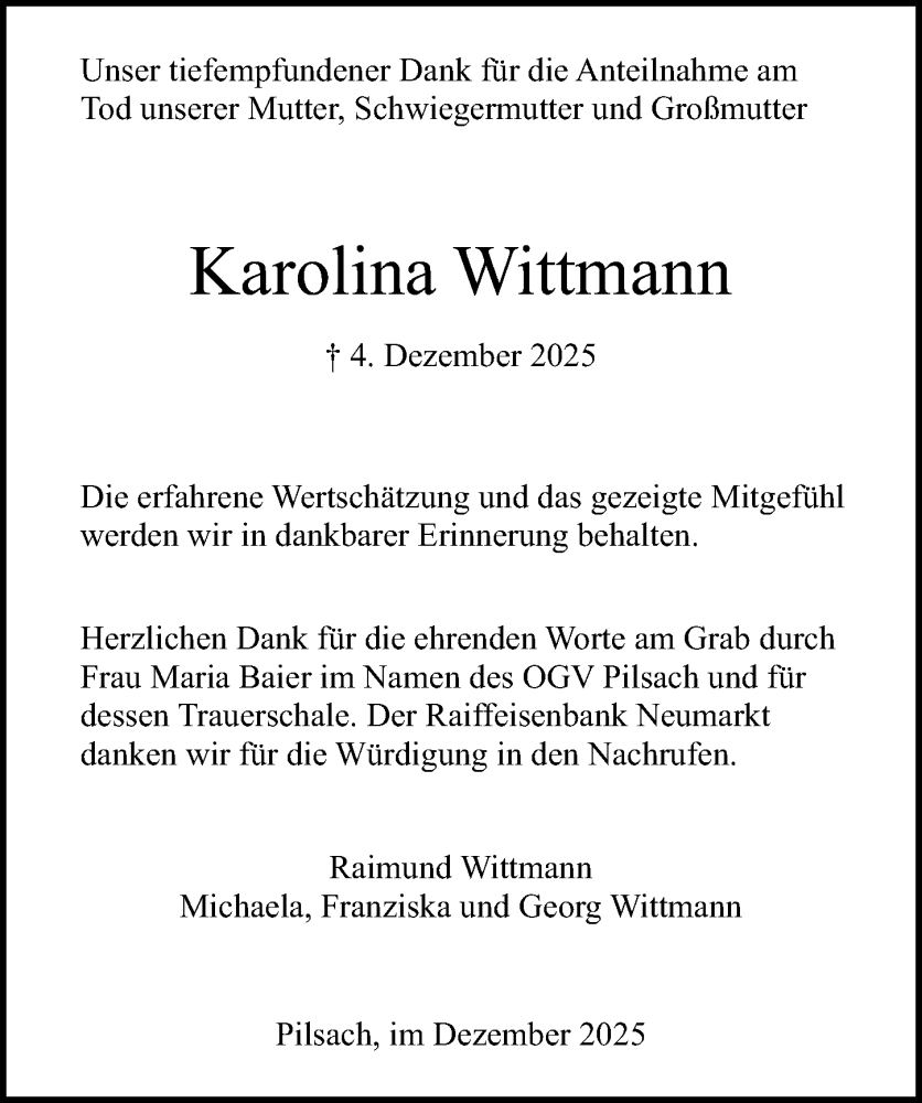  Traueranzeige für Karolina Wittmann vom 27.12.2025 aus Neumarkter Nachrichten Lokal