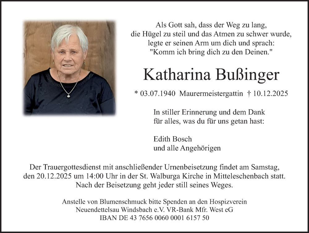  Traueranzeige für Katharina Bußinger vom 17.12.2025 aus Altmühl-Bote Lokal