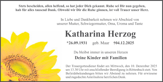 Traueranzeige von Katharina Herzog von Erlanger Nachrichten Lokal